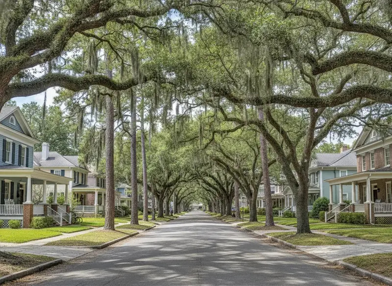 Residential street lined with live oaks and tall pines