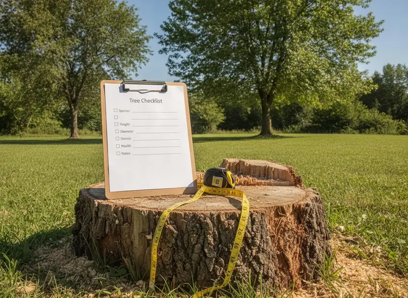 Clipboard and tape measure resting on a tree stump