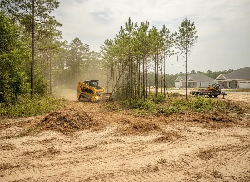 Compact loader mulching brush on a wooded lot