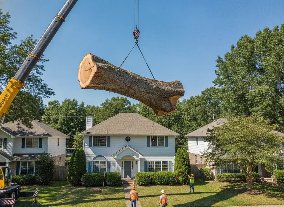 Crane lifting a cut section of trunk over a house roof