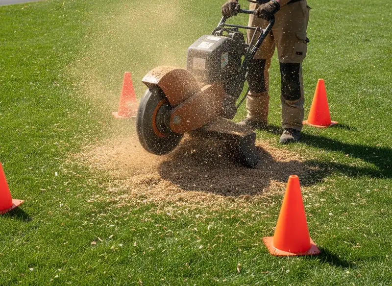 Stump grinder turning a tree stump into wood chips in a lawn